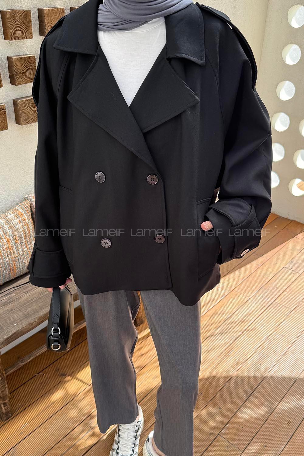 Lamelif Kruvaze Kısa Tesettür Trençkot Siyah