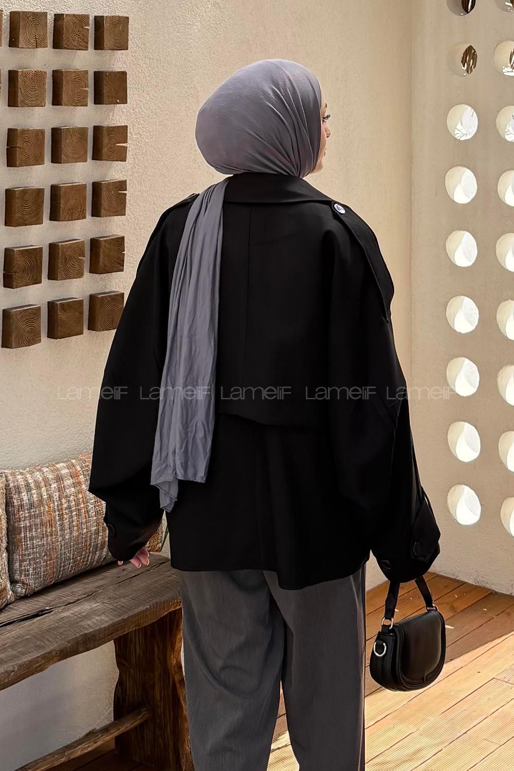 Lamelif Kruvaze Kısa Tesettür Trençkot Siyah