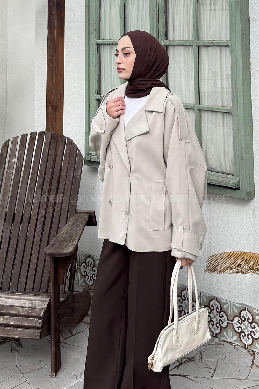 Lamelif Kruvaze Kısa Tesettür Trençkot Taş Rengi