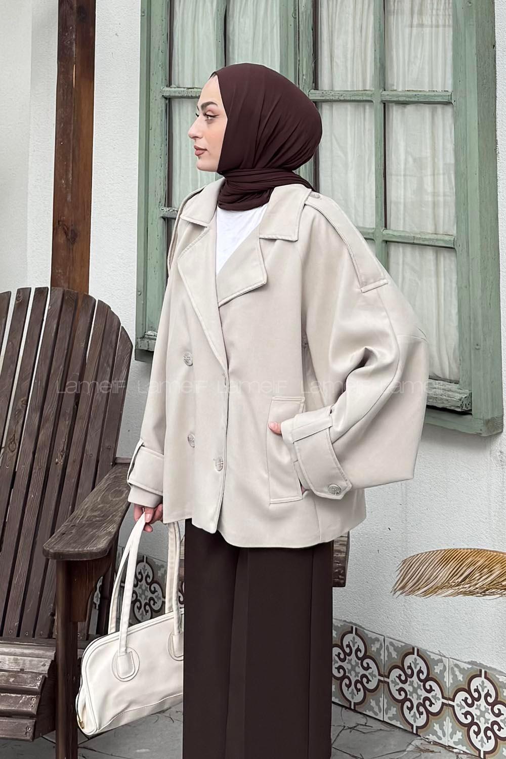 Lamelif Kruvaze Kısa Tesettür Trençkot Taş Rengi
