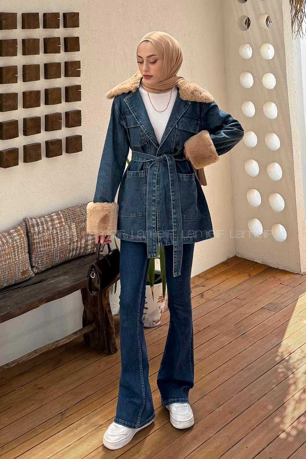 Lamelif Kürklü Kot Ceket Kot Mavisi
