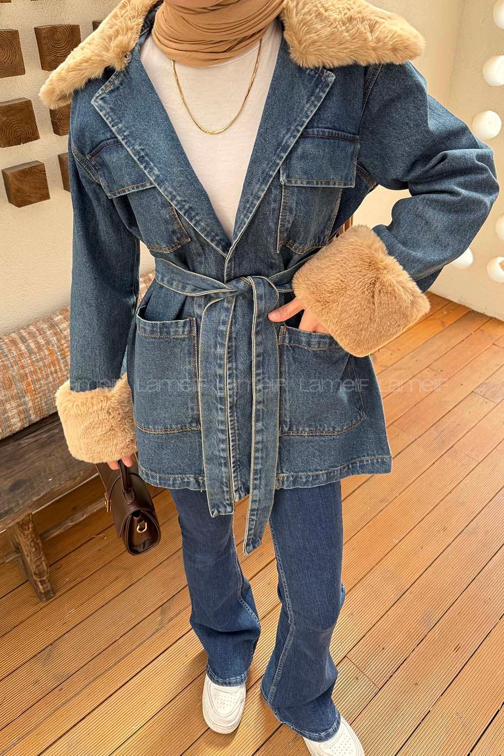 Lamelif Kürklü Kot Ceket Kot Mavisi