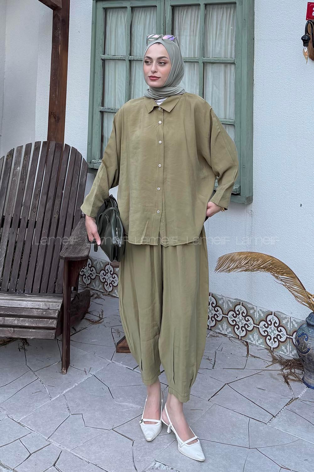 Lamelif Modal Gömlek-Pantolon Takım Haki