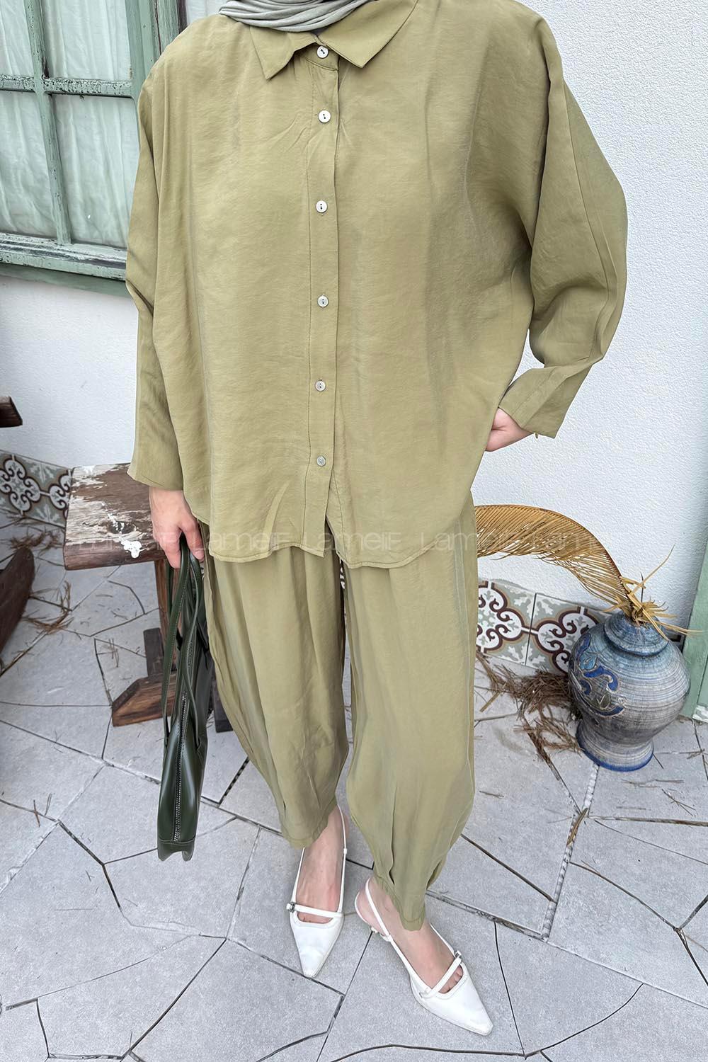 Lamelif Modal Gömlek-Pantolon Takım Haki