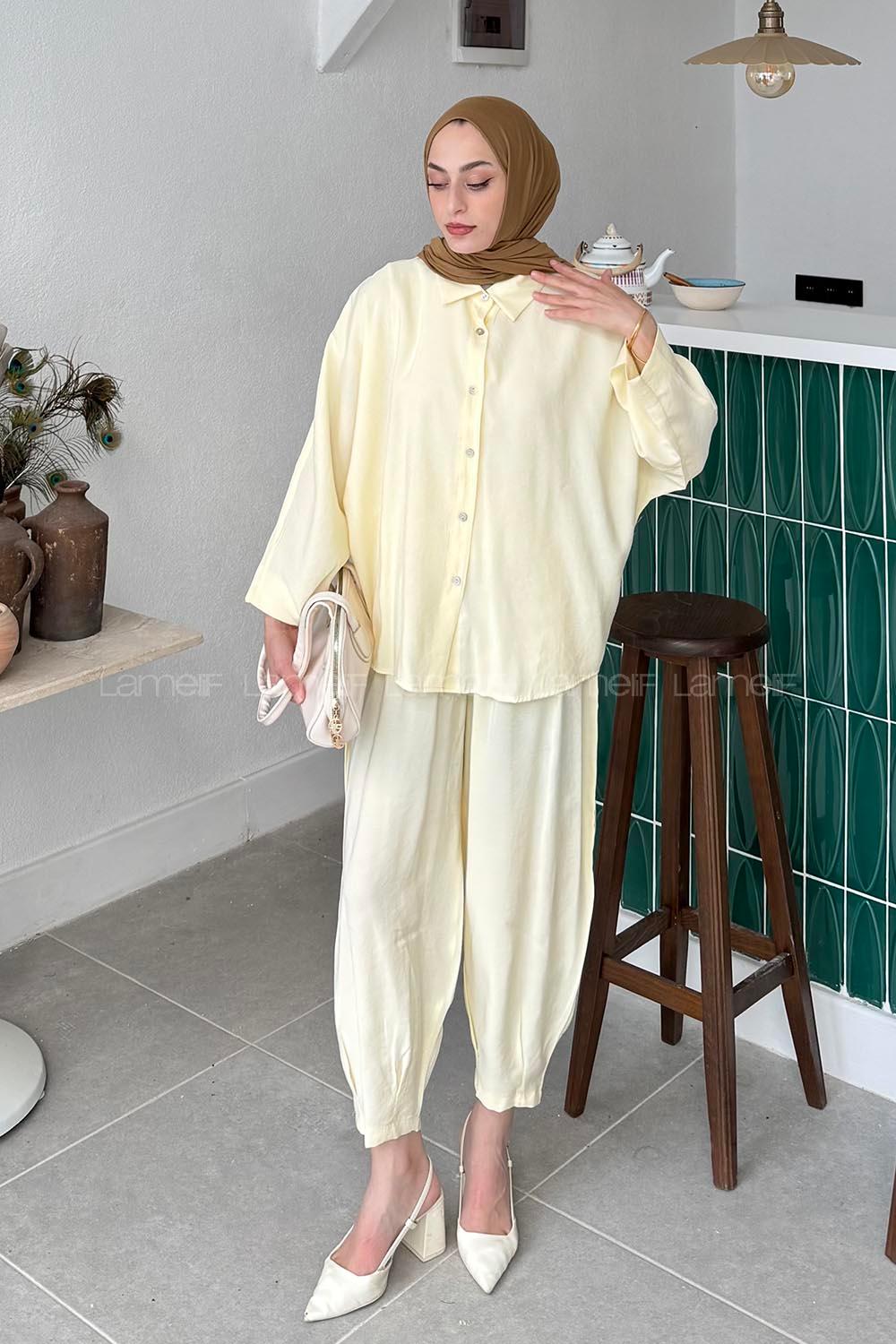 Lamelif Modal Gömlek-Pantolon Takım Sarı