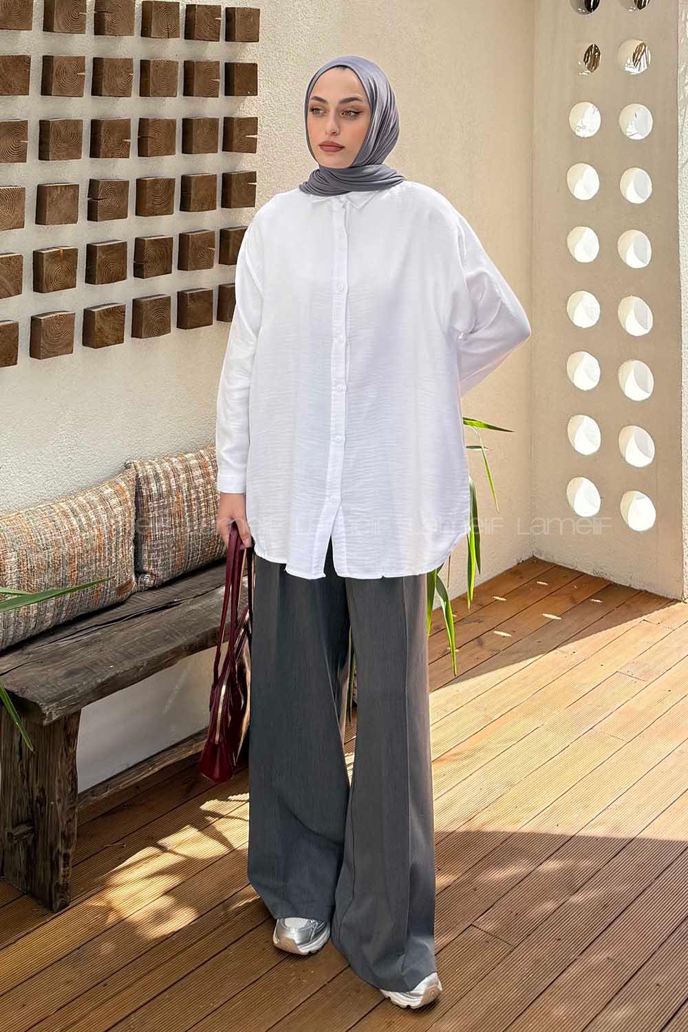 Lamelif Müslin Tesettür Gömlek Beyaz