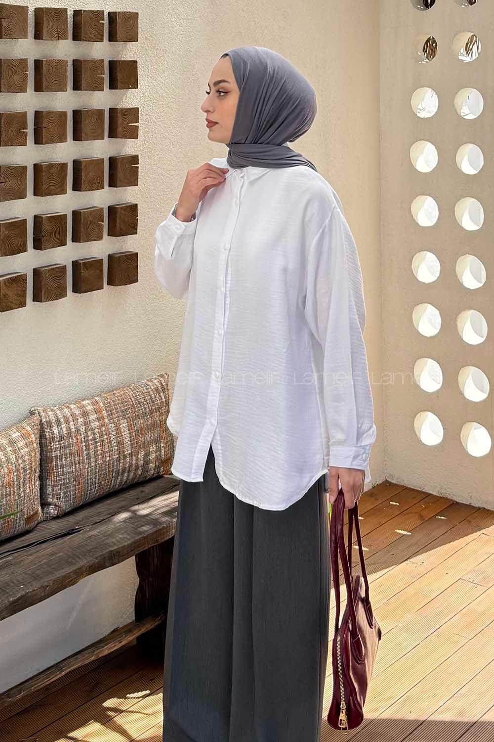 Lamelif Müslin Tesettür Gömlek Beyaz