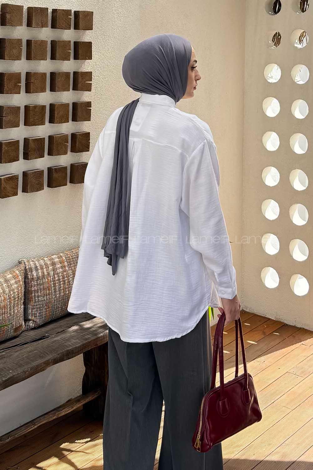 Lamelif Müslin Tesettür Gömlek Beyaz