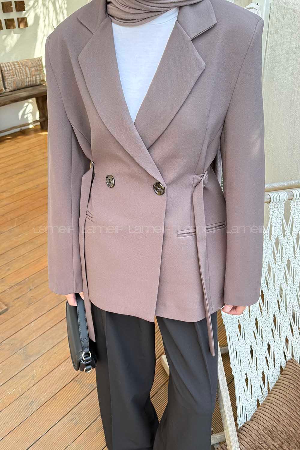 Brown Jacket Collar Long Arm Elastan Polyester Jacket
