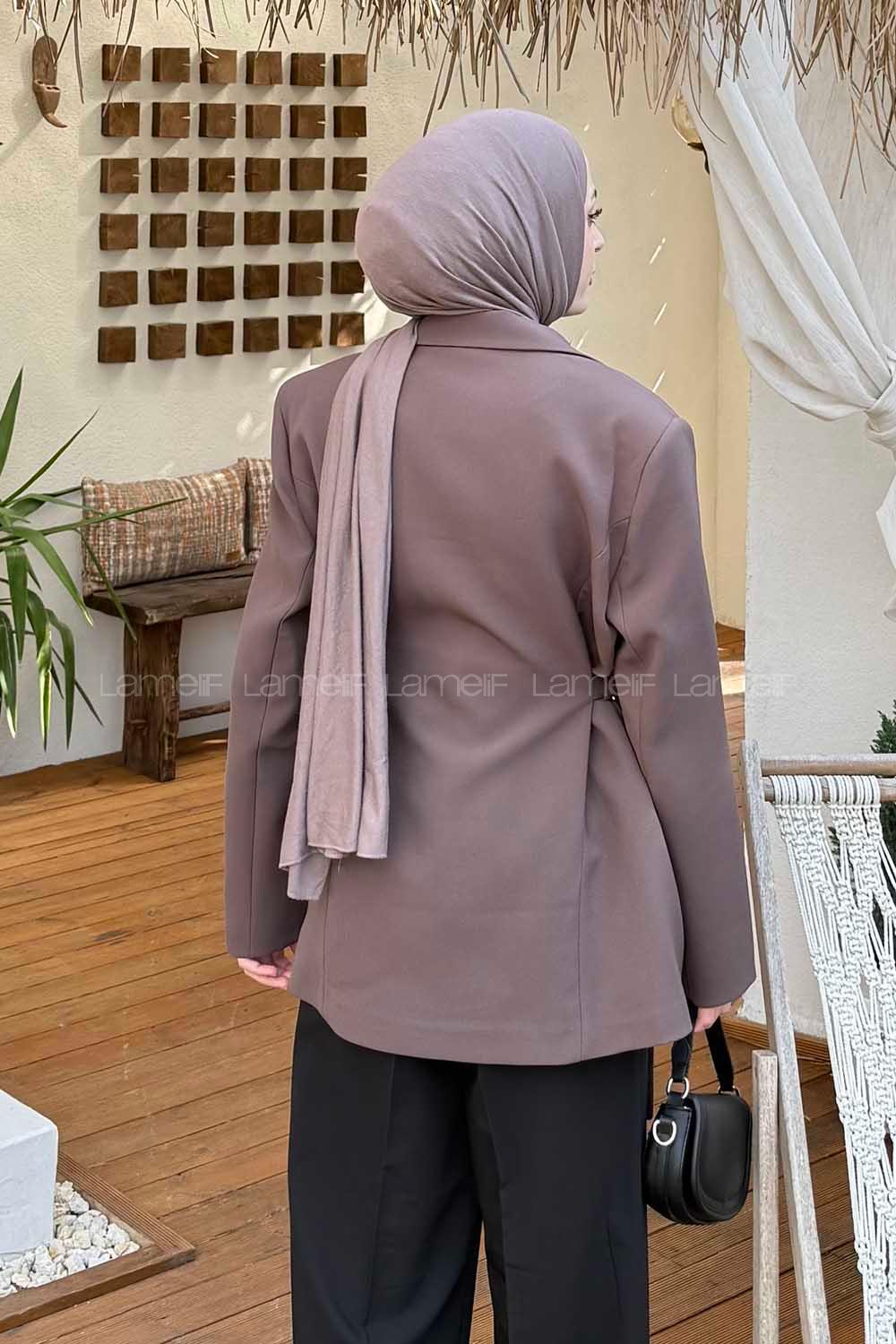 Brown Jacket Collar Long Arm Elastan Polyester Jacket