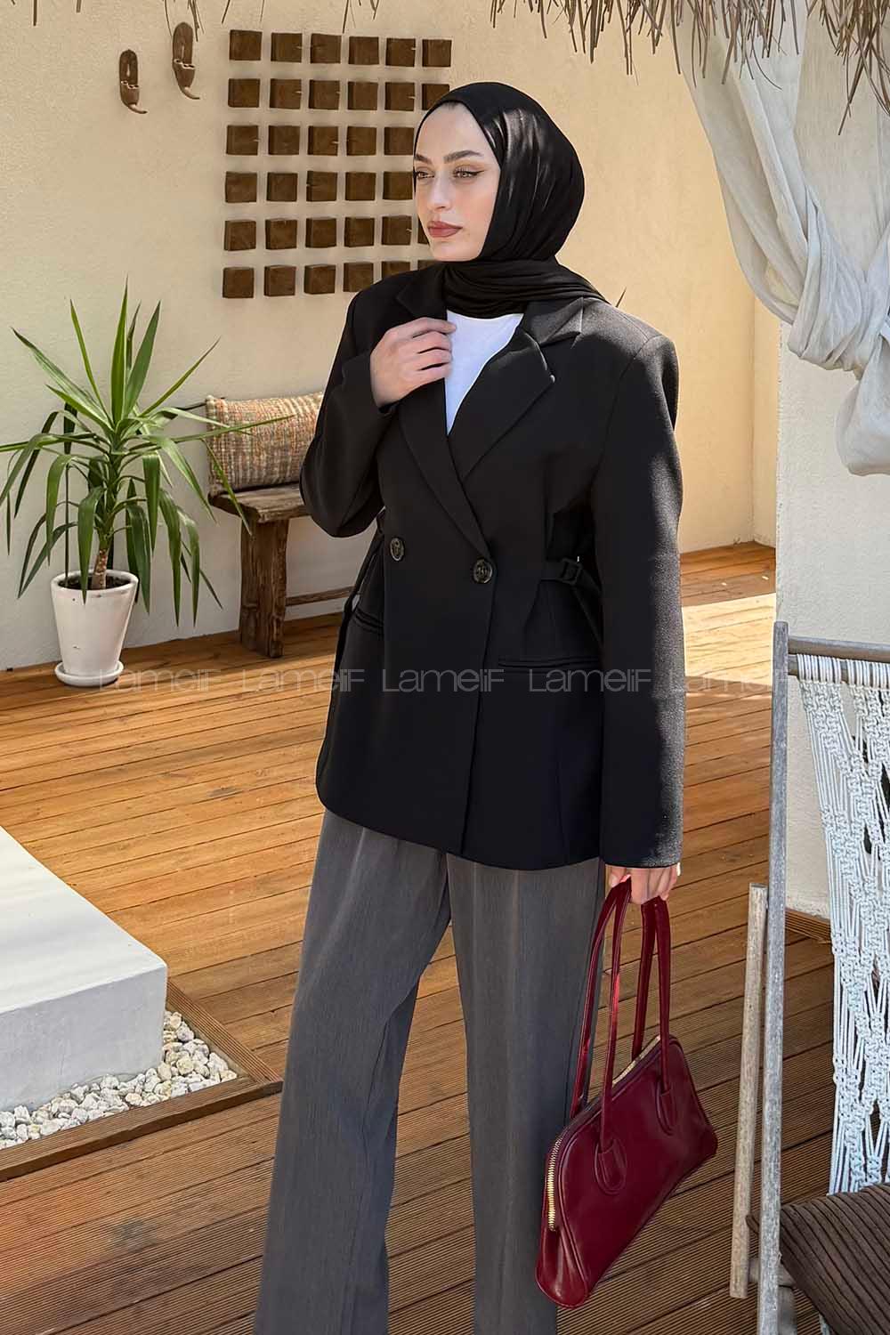 Lamelif Yandan Bağlamalı Ceket Siyah