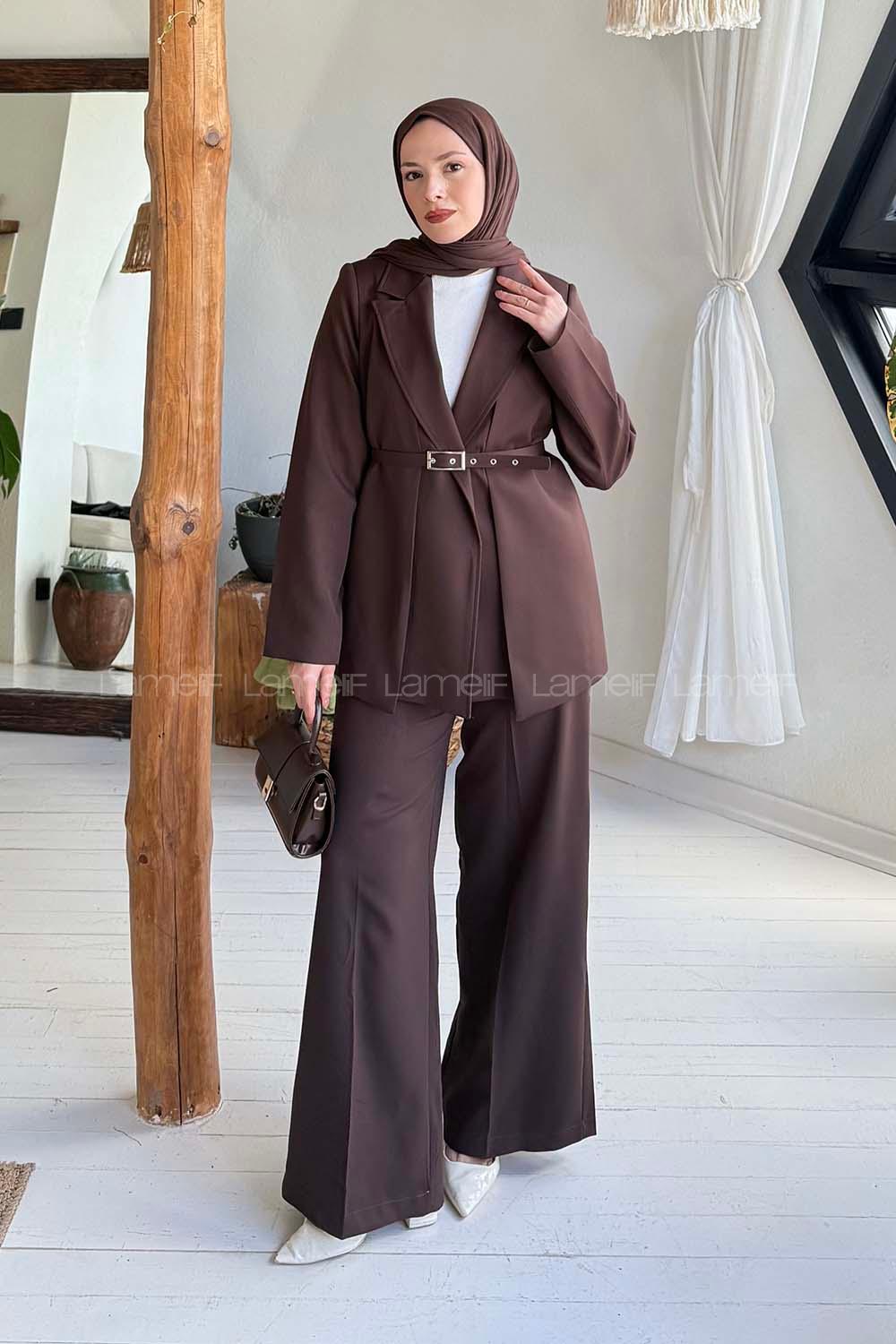 Lamelif Ceket-Pantolon İkili Tesettür Takım Acı Kahve