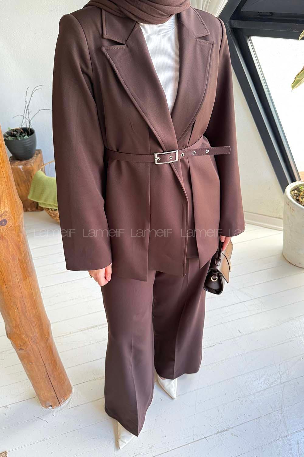 Lamelif Ceket-Pantolon İkili Tesettür Takım Acı Kahve
