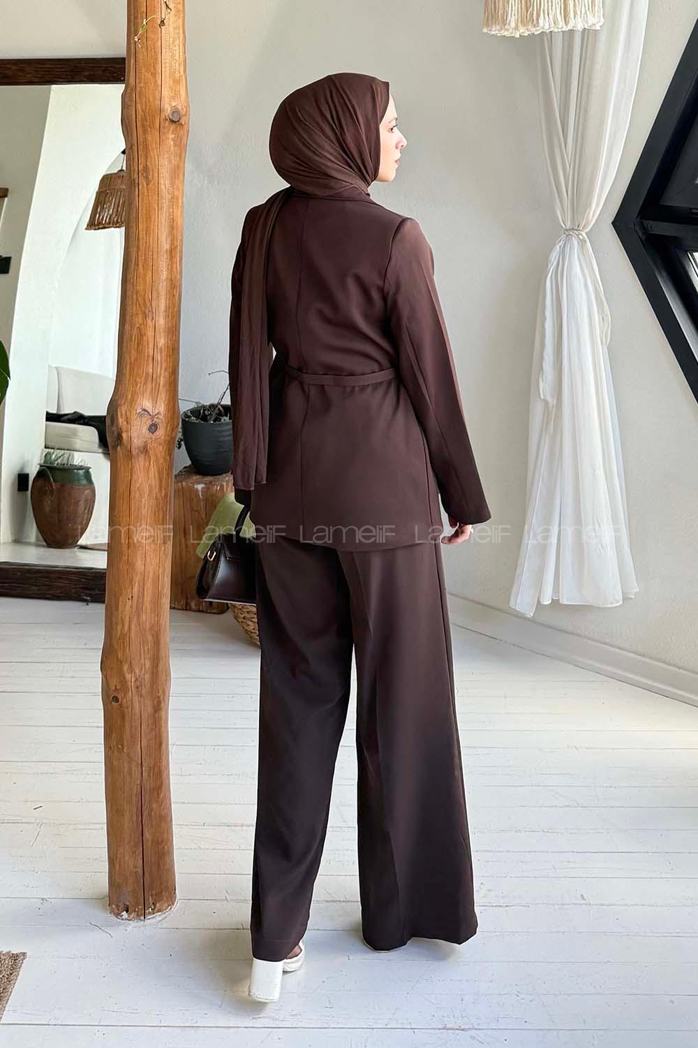 Lamelif Ceket-Pantolon İkili Tesettür Takım Acı Kahve