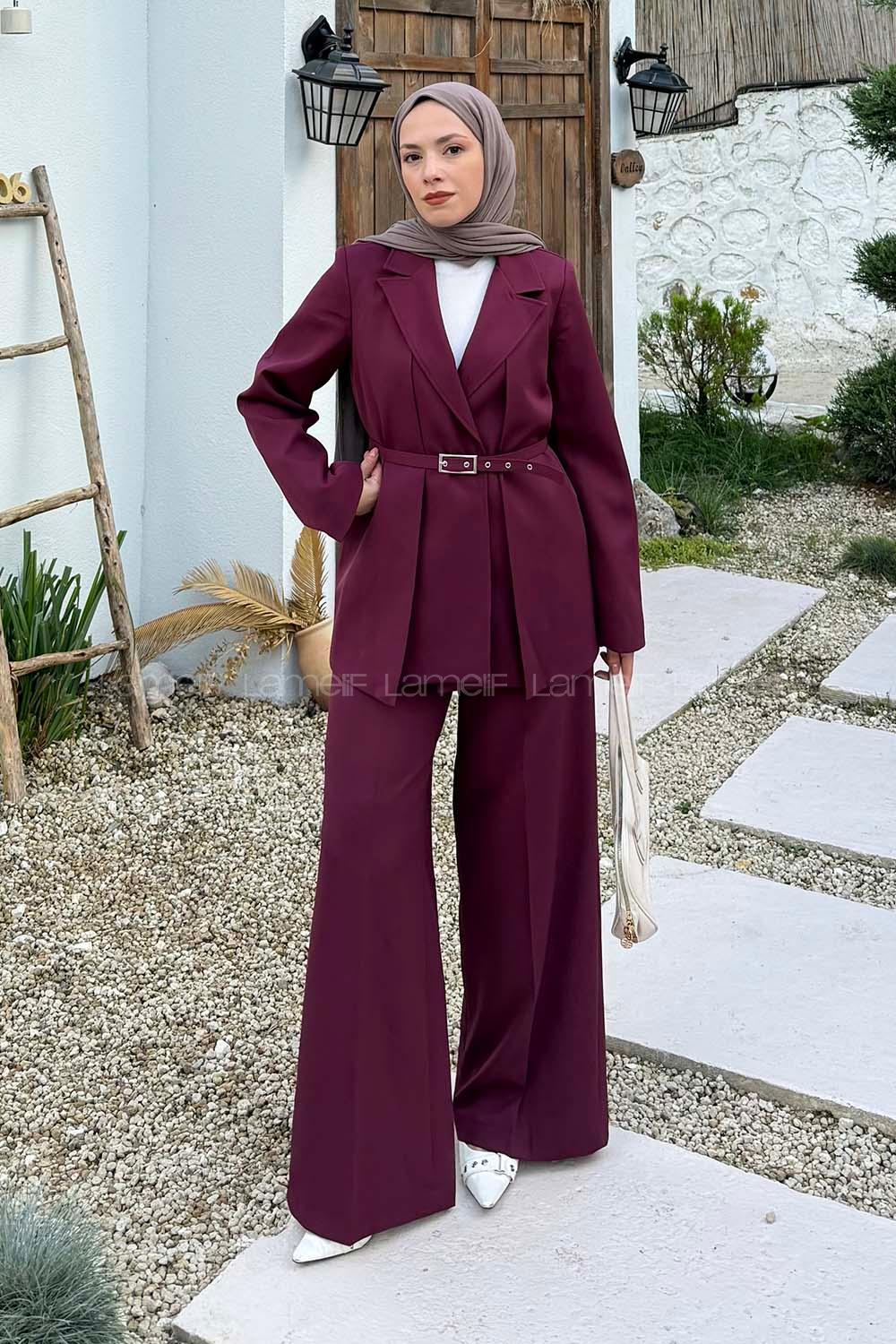 Lamelif Ceket-Pantolon İkili Tesettür Takım Bordo
