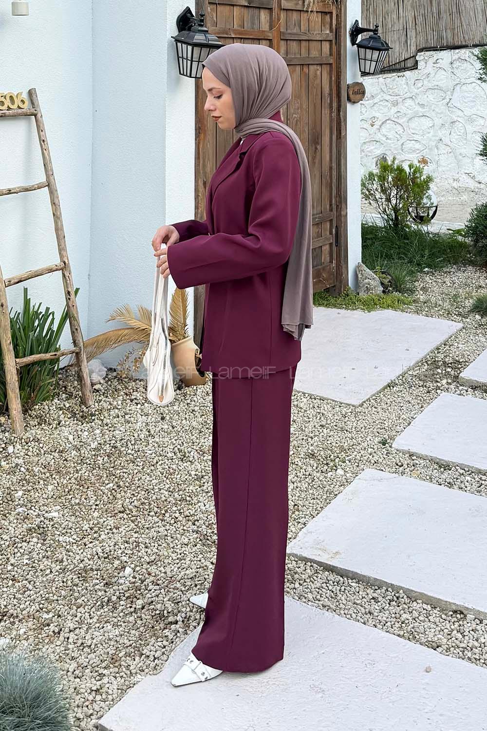 Lamelif Ceket-Pantolon İkili Tesettür Takım Bordo