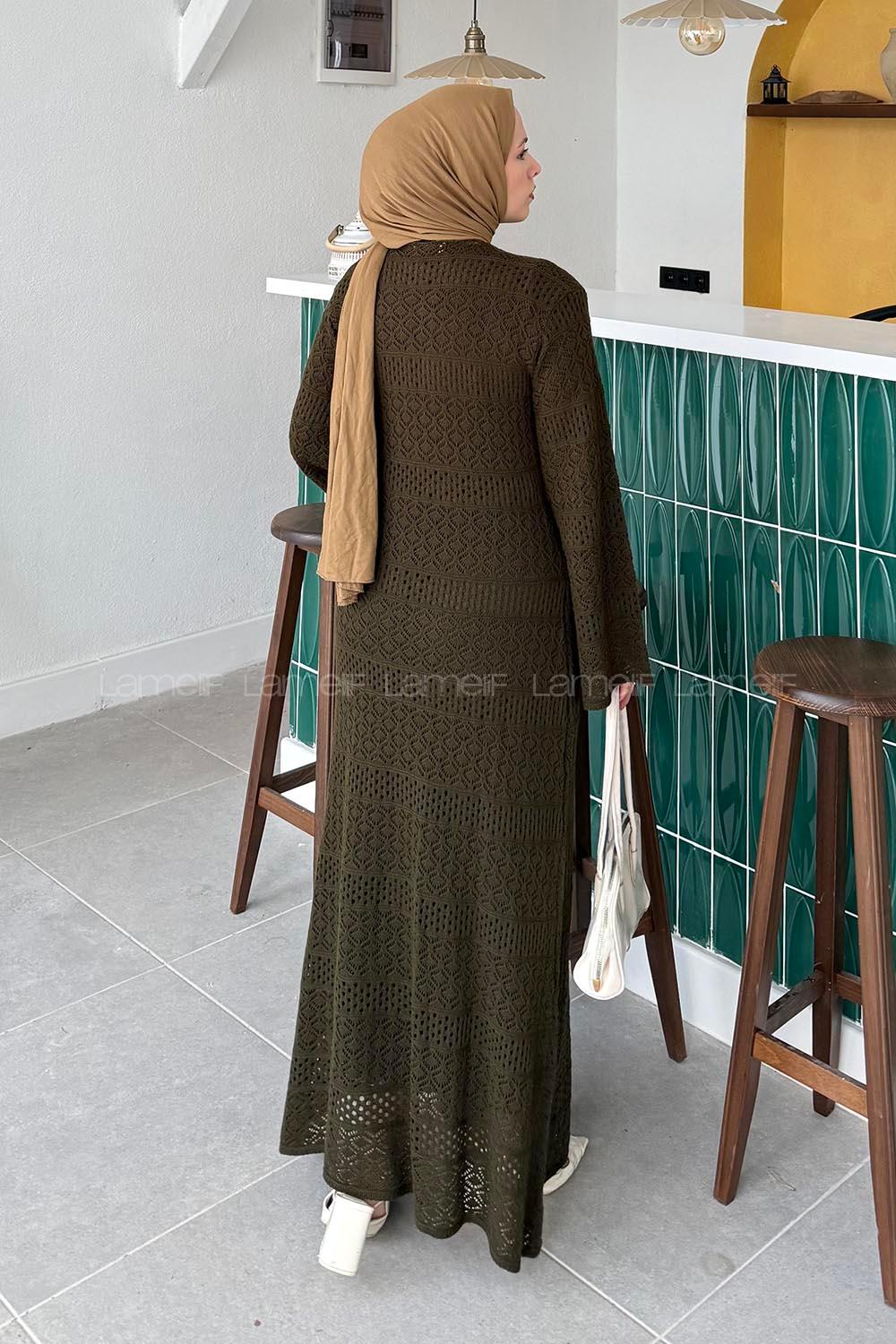 Lamelif Dantelli Triko Elbise Haki