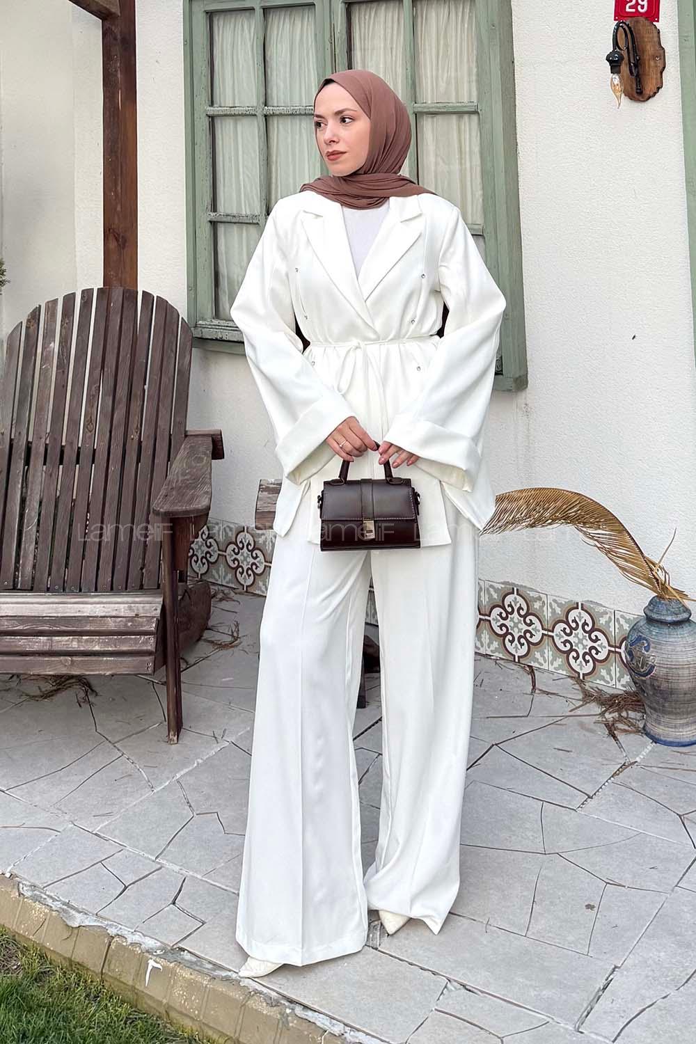 Lamelif Derin Pens Detaylı Tesettür Takım Beyaz