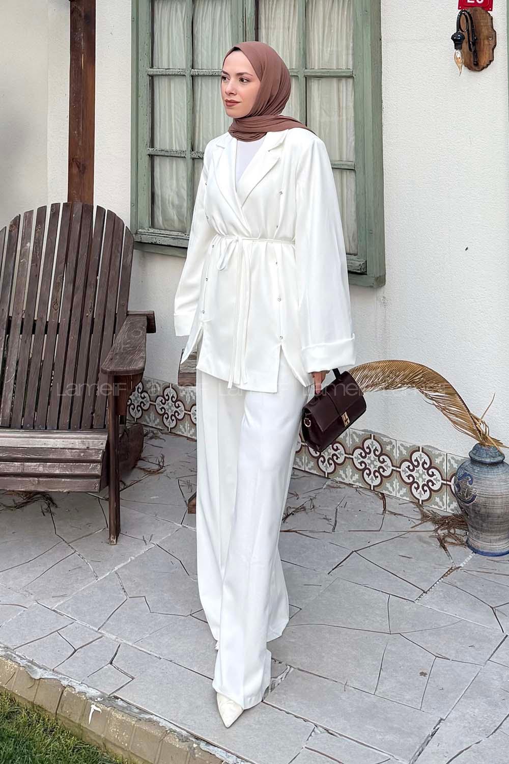 Lamelif Derin Pens Detaylı Tesettür Takım Beyaz