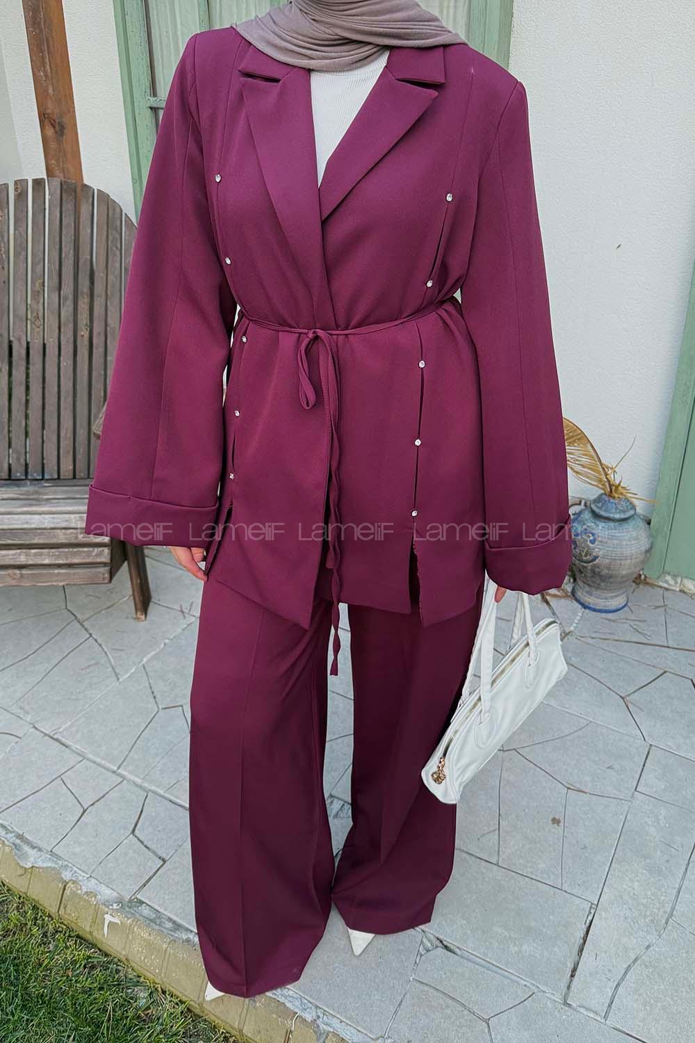 Pens Detaylı Tesettür Takım Bordo