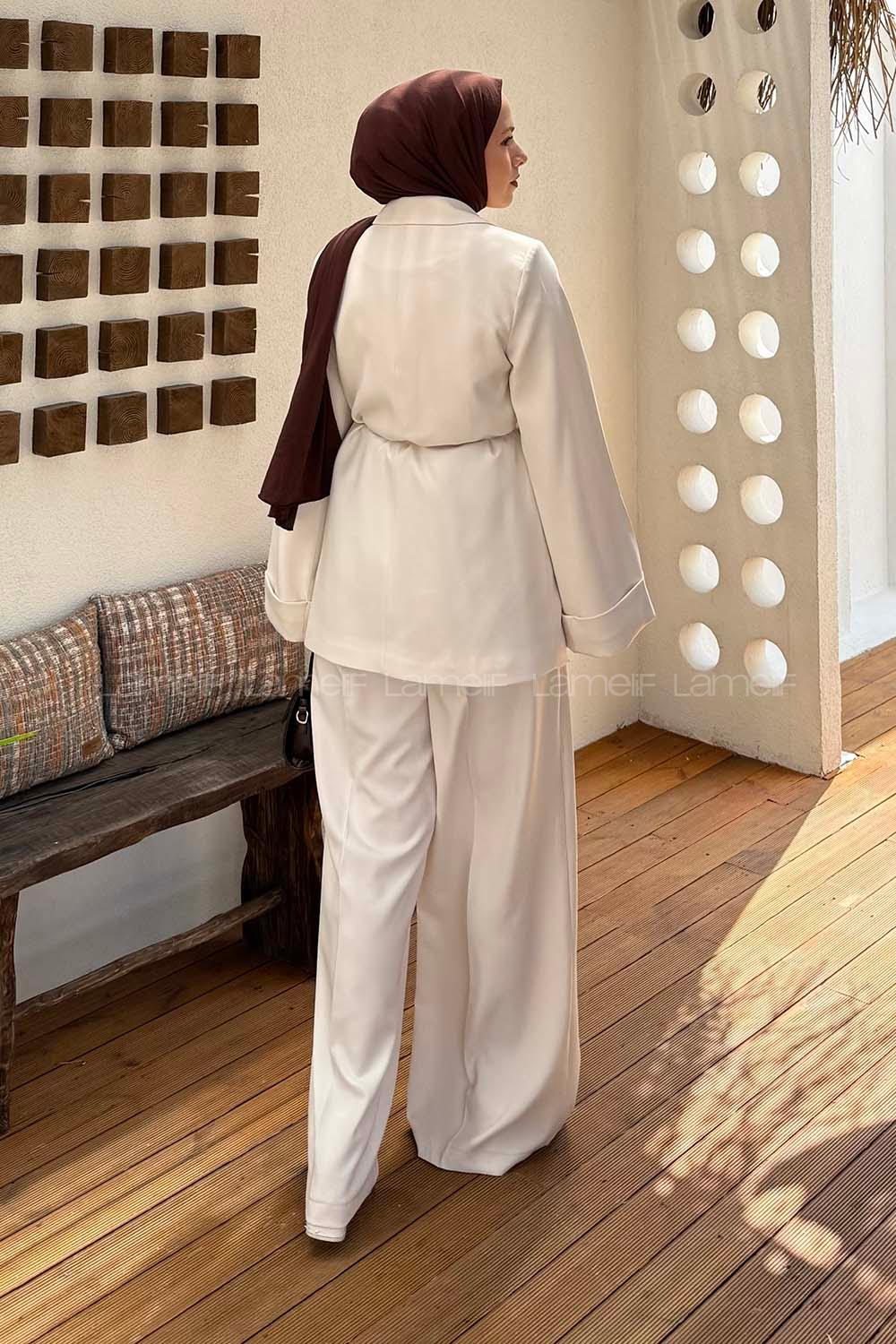 Lamelif Derin Pens Detaylı Tesettür Takım Taş Rengi