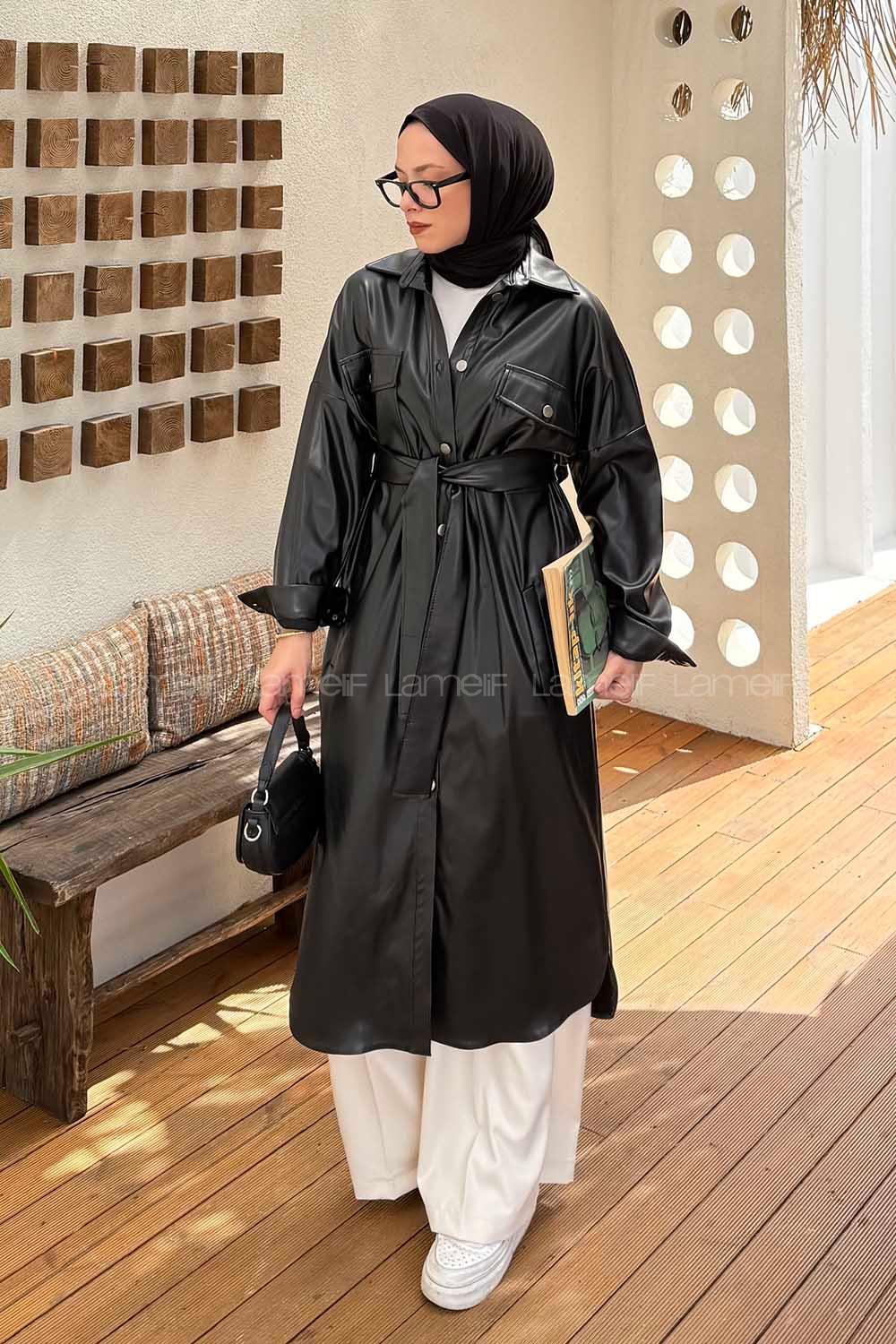 Lamelif Kuşaklı Deri Kaban Siyah