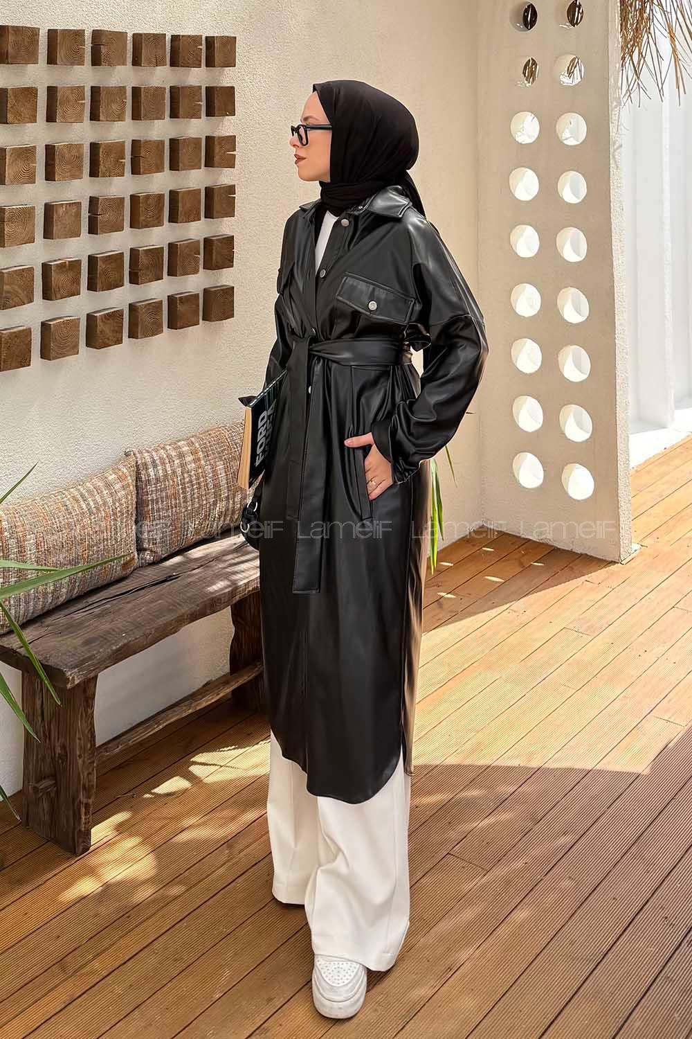 Lamelif Kuşaklı Deri Kaban Siyah