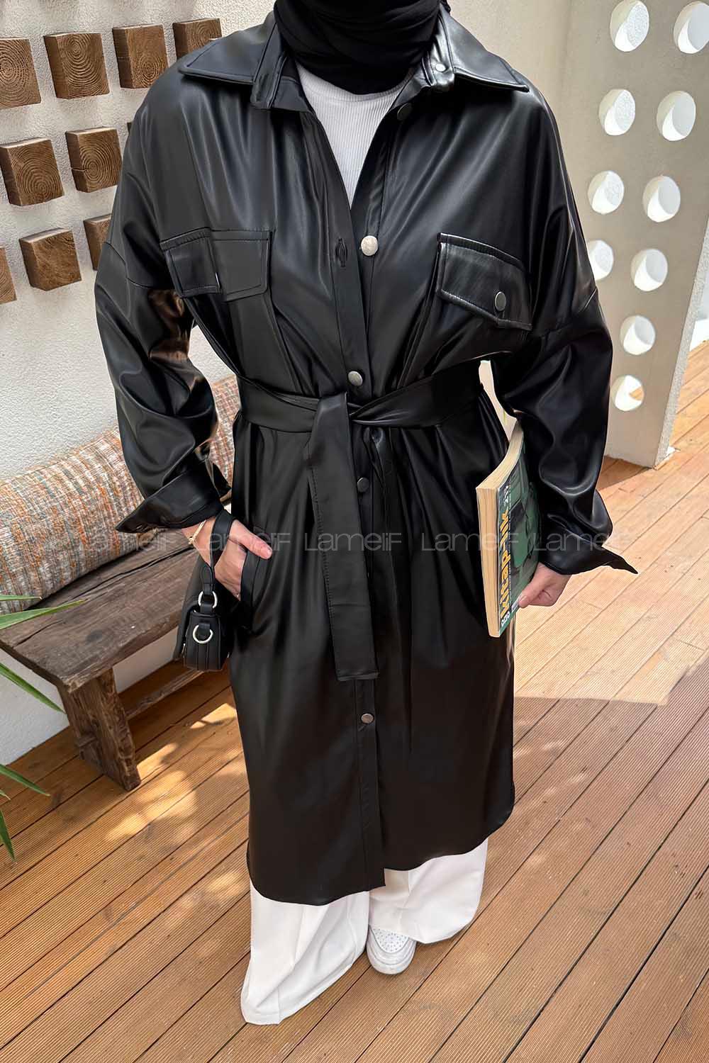 Lamelif Kuşaklı Deri Kaban Siyah