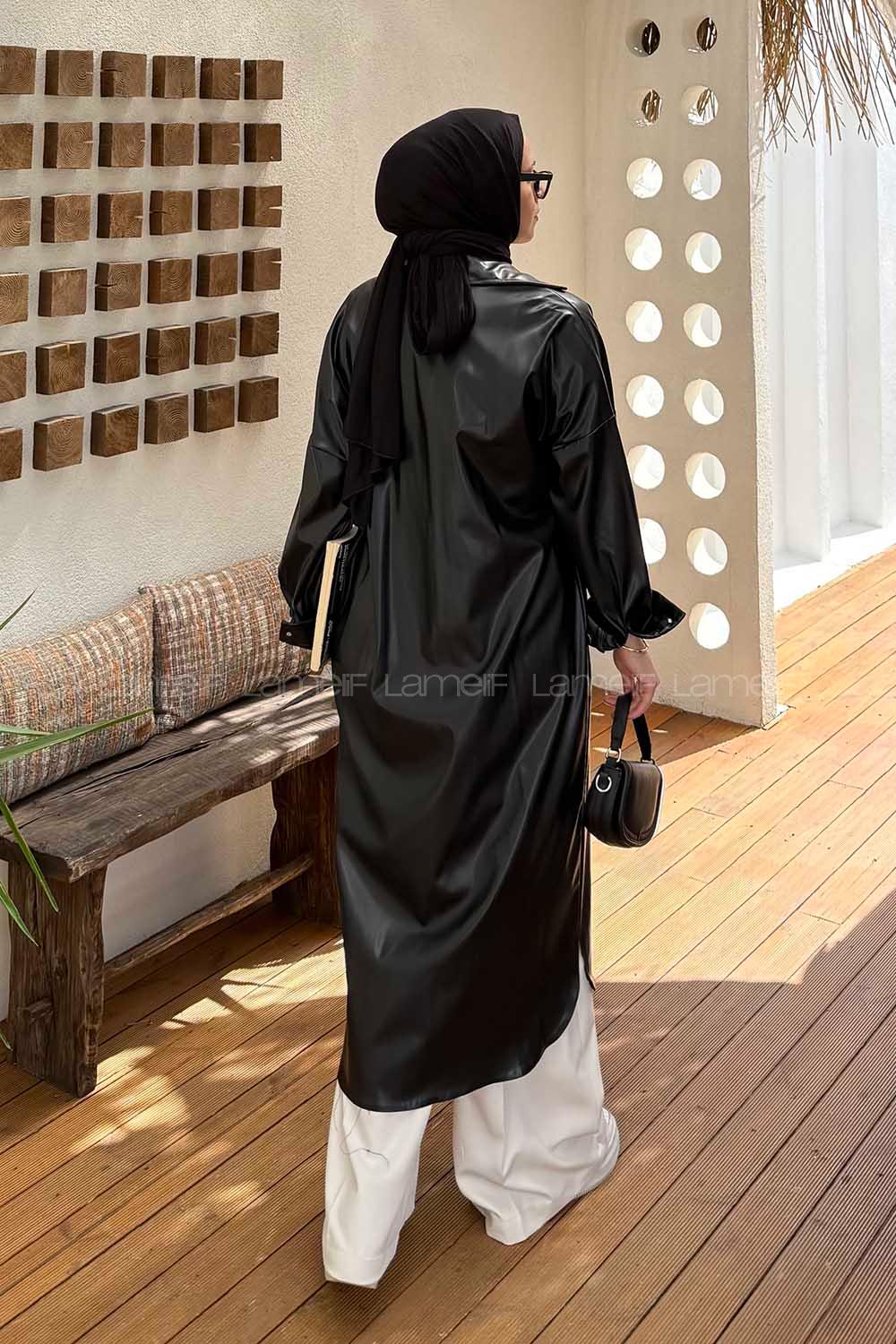 Lamelif Kuşaklı Deri Kaban Siyah