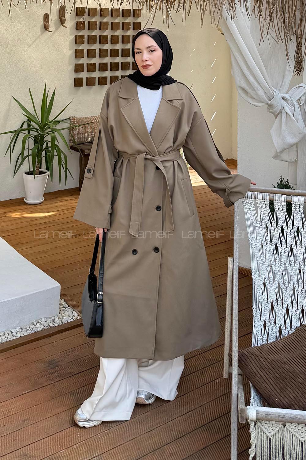 Lamelif Kuşaklı Poliviskon Trenç Karamel