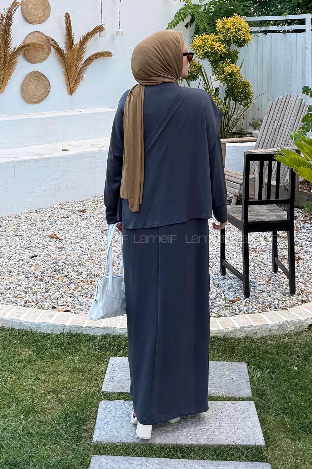 Lamelif Oysho Yelekli Tesettür Elbise Füme