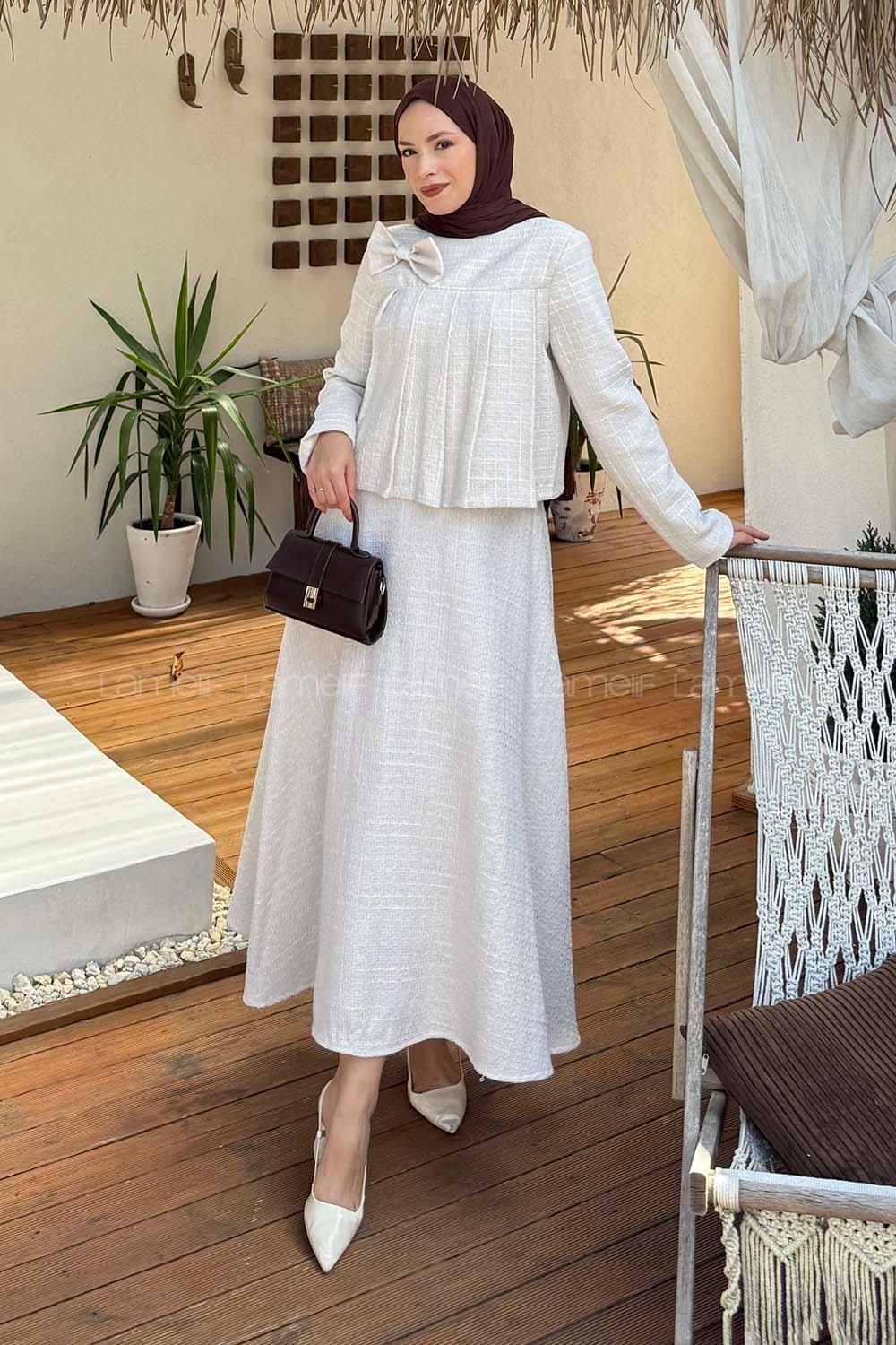 Lamelif Pile Detaylı Tesettür Tüvit Takım Bej