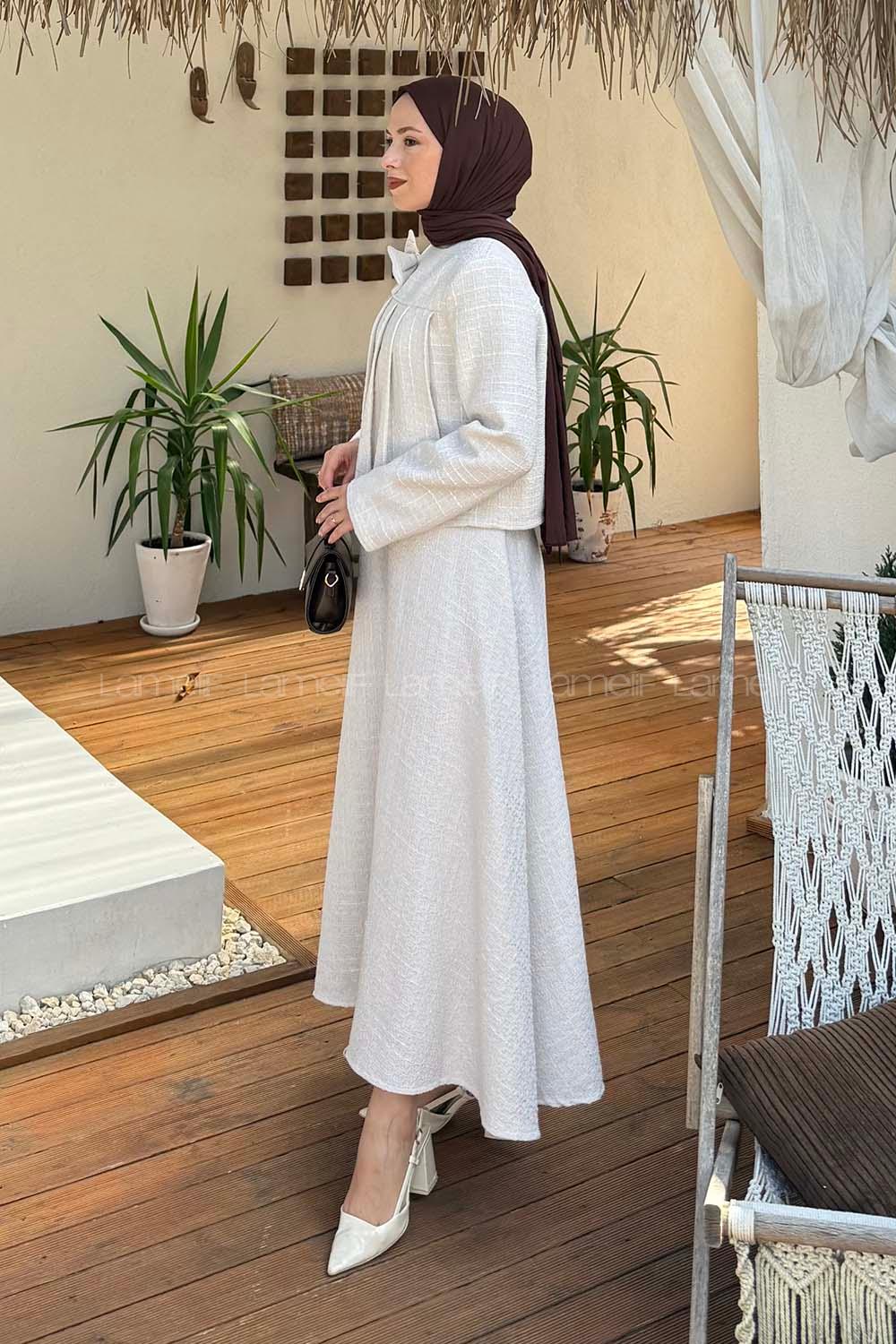 Lamelif Pile Detaylı Tesettür Tüvit Takım Bej