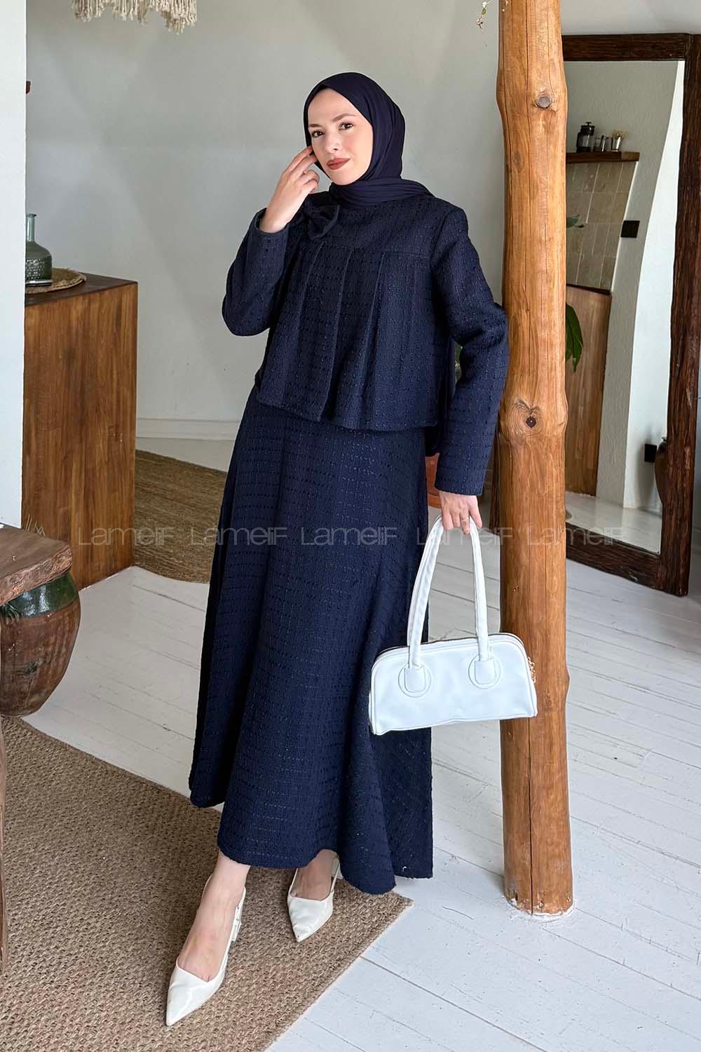 Lamelif Pile Detaylı Tesettür Tüvit Takım Lacivert