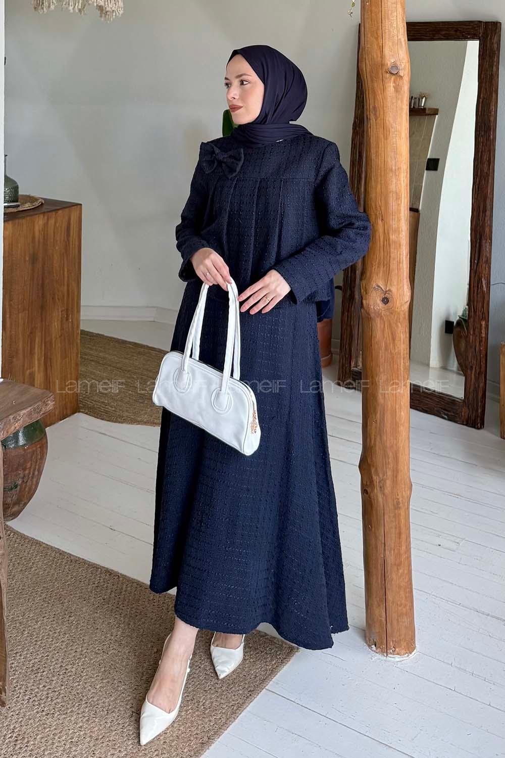 Lamelif Pile Detaylı Tesettür Tüvit Takım Lacivert