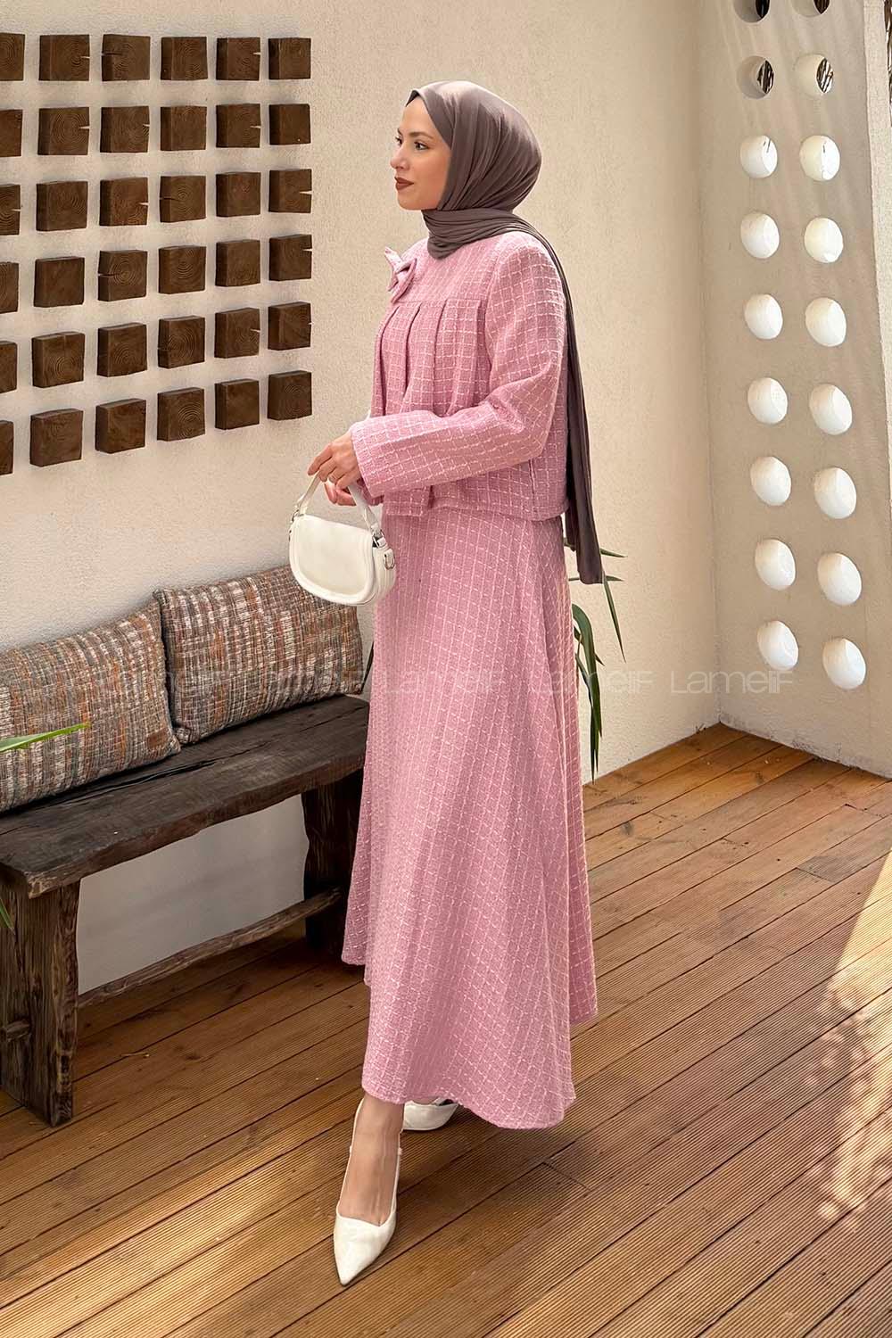 Lamelif Pile Detaylı Tesettür Tüvit Takım Pembe