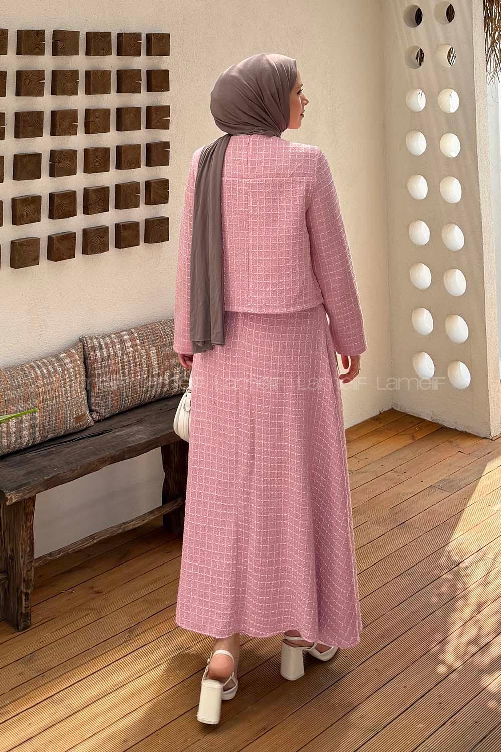 Lamelif Pile Detaylı Tesettür Tüvit Takım Pembe