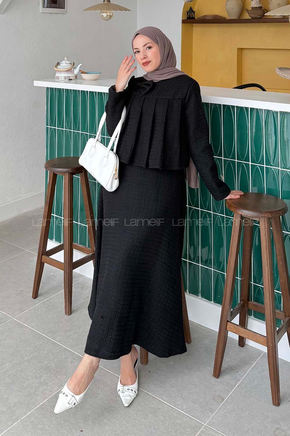 Lamelif Pile Detaylı Tesettür Tüvit Takım Siyah