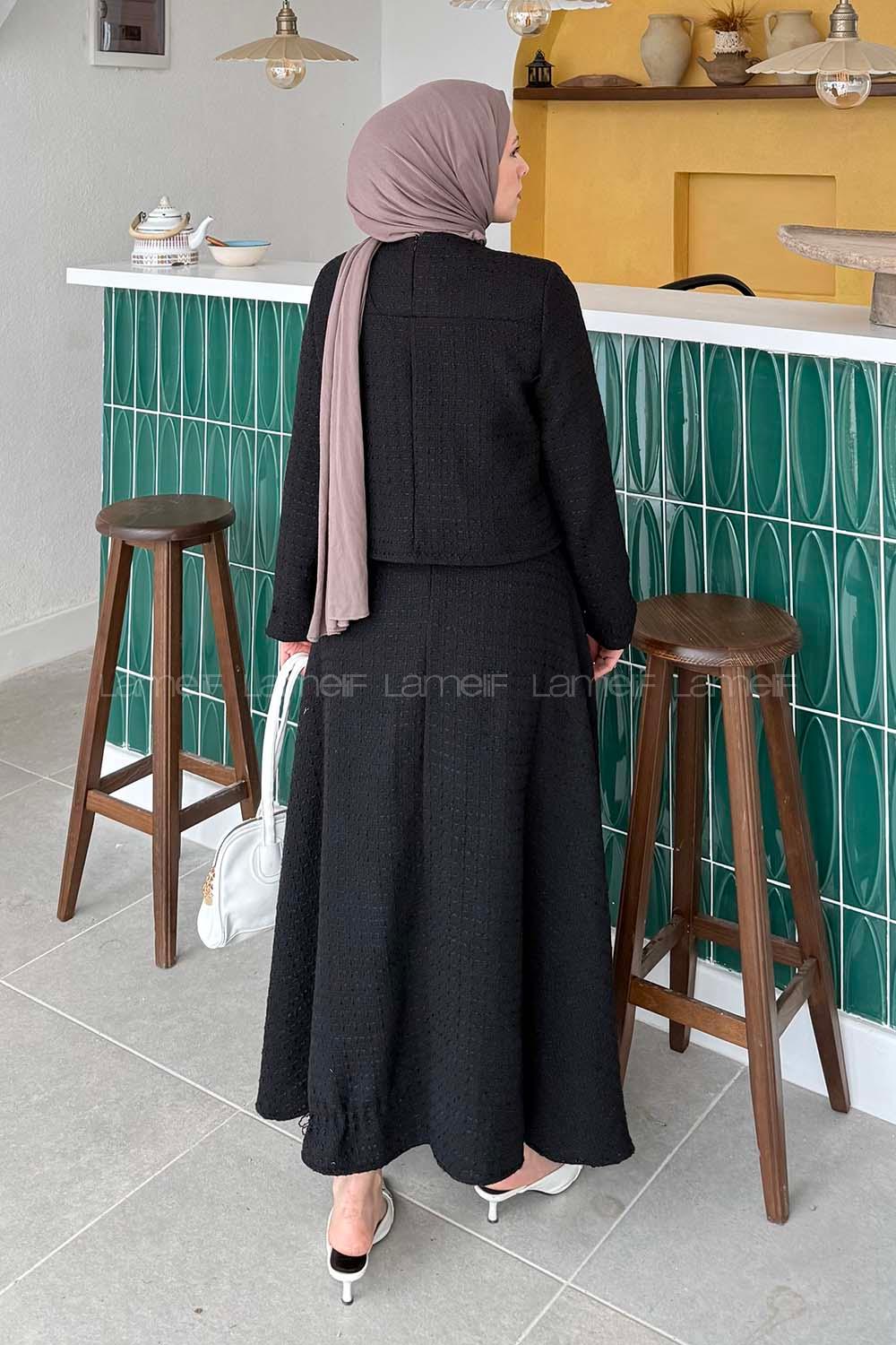Lamelif Pile Detaylı Tesettür Tüvit Takım Siyah