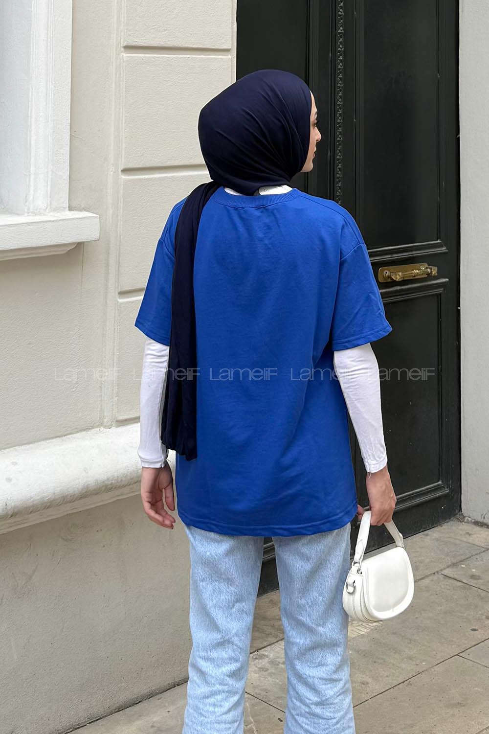 Lamelif Bsikilet Yaka İki İplik Tişört Saks Mavisi