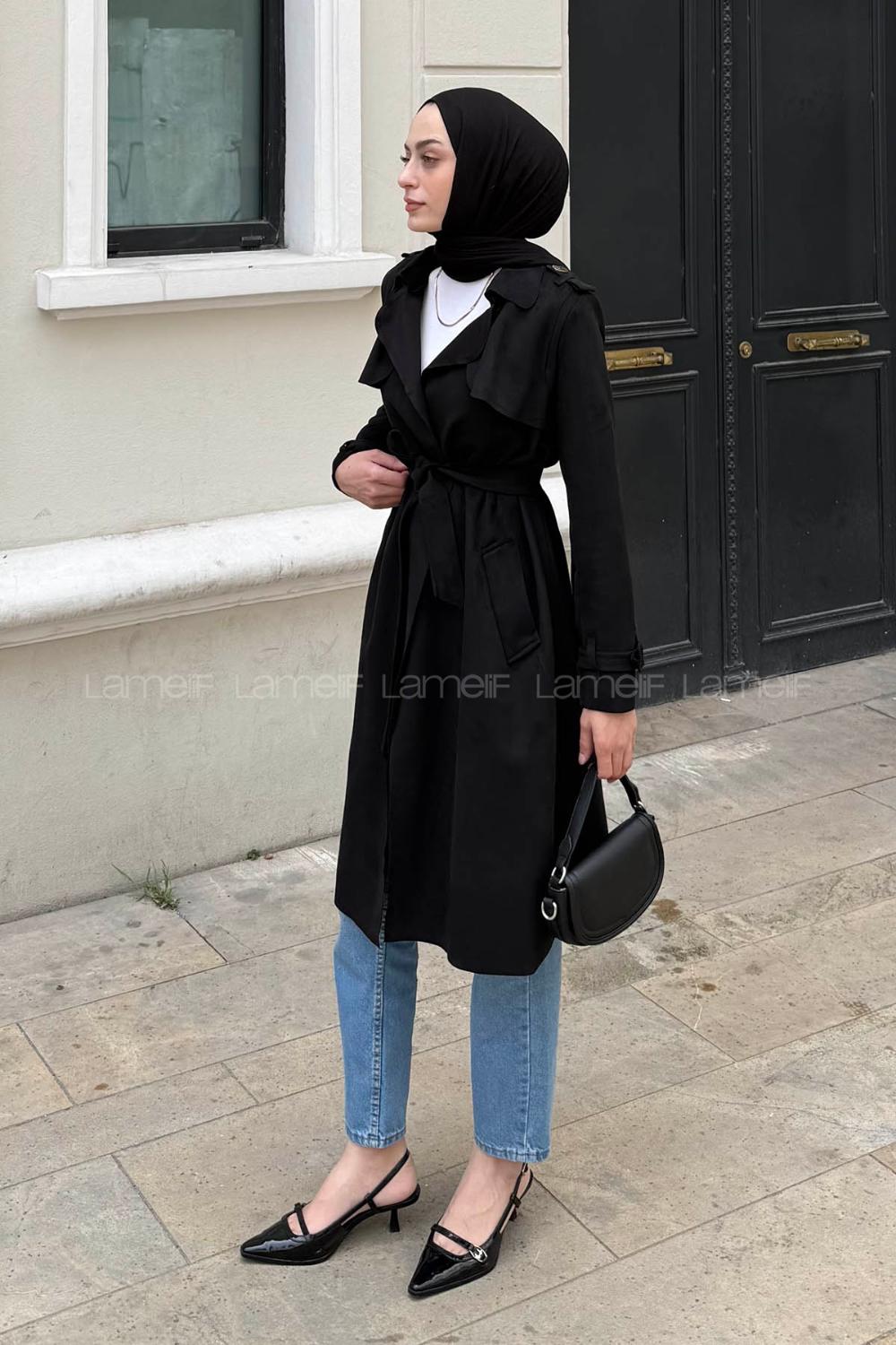 Black Long Arm Lycra Suede Trench Coat