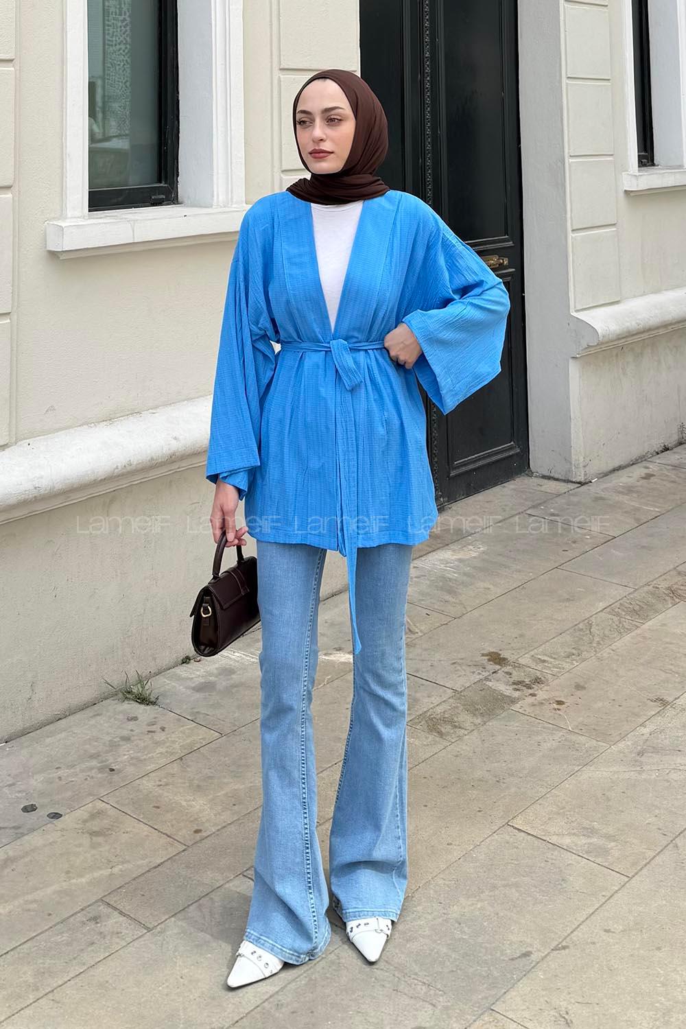 Lamelif Krinkıl Tesettür Kimono Mavi