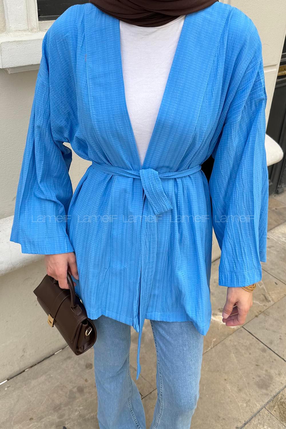 Lamelif Krinkıl Tesettür Kimono Mavi