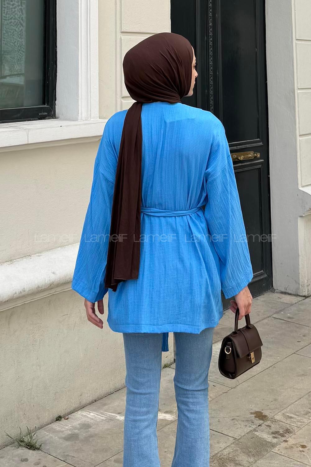 Lamelif Krinkıl Tesettür Kimono Mavi