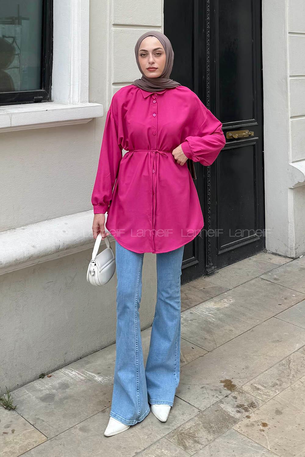 Lamelif Oversize Bağlama Detaylı Tesettür Gömlek Fuşya