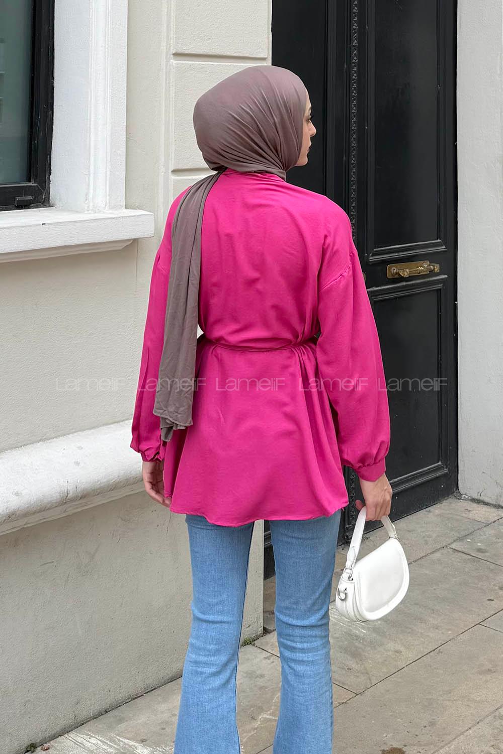 Lamelif Oversize Bağlama Detaylı Tesettür Gömlek Fuşya