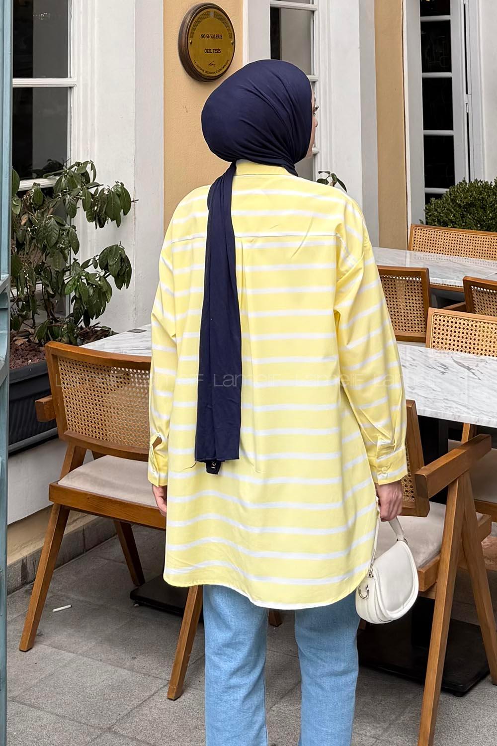 Lamelif Oversize Çizgi Detaylı Gömlek Sarı