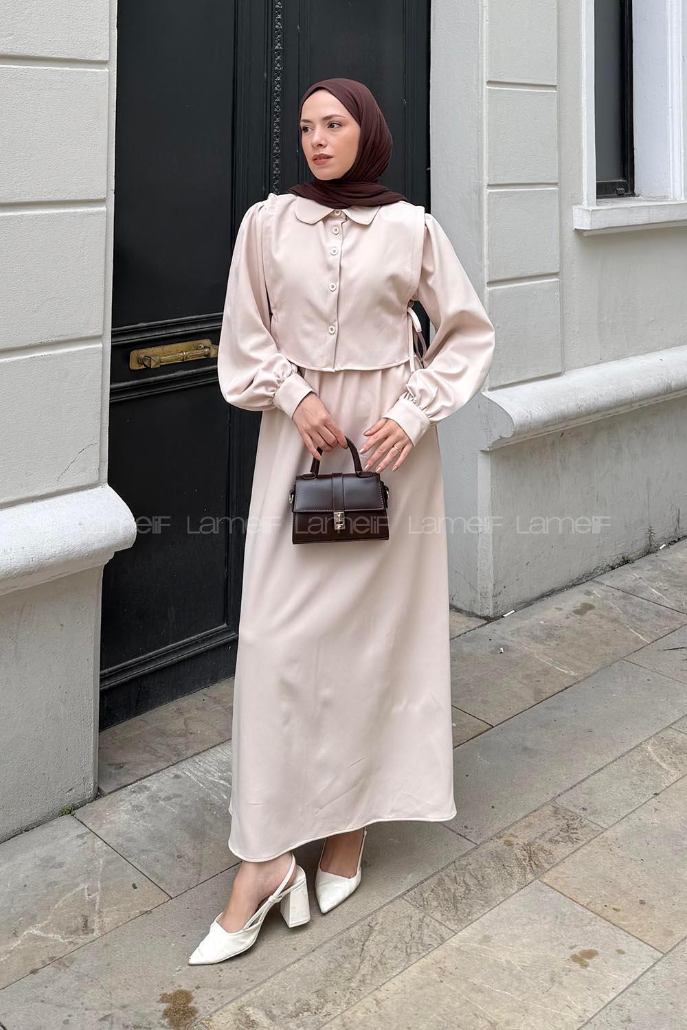 Lamelif Belden Lastikli Yelekli Elbise Bej