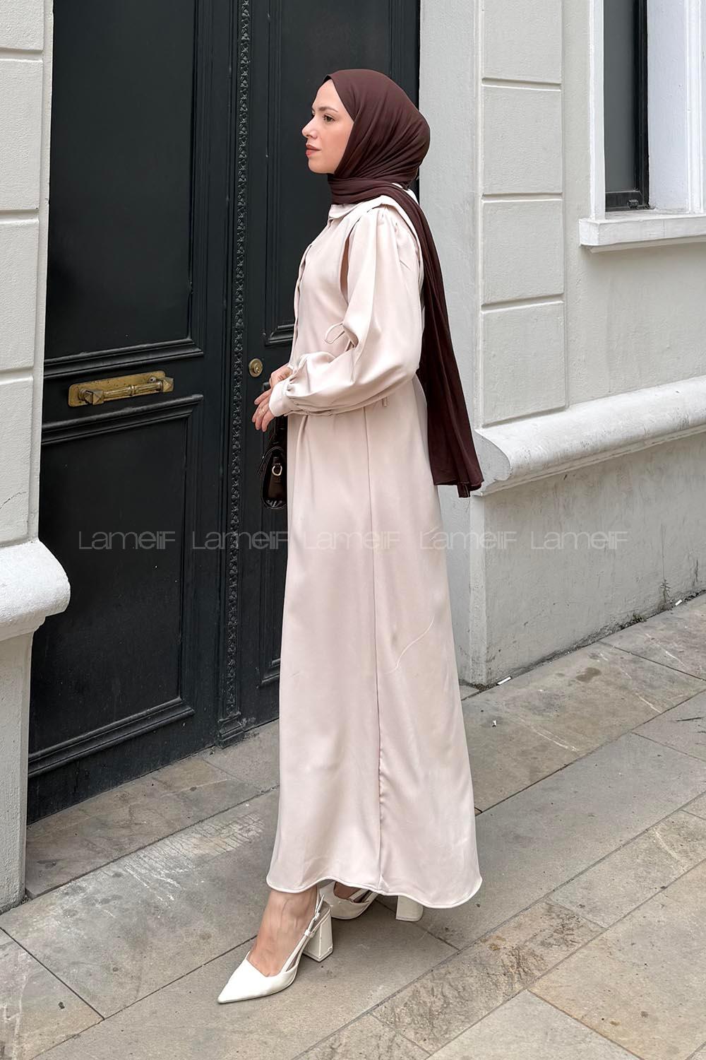 Lamelif Belden Lastikli Yelekli Elbise Bej