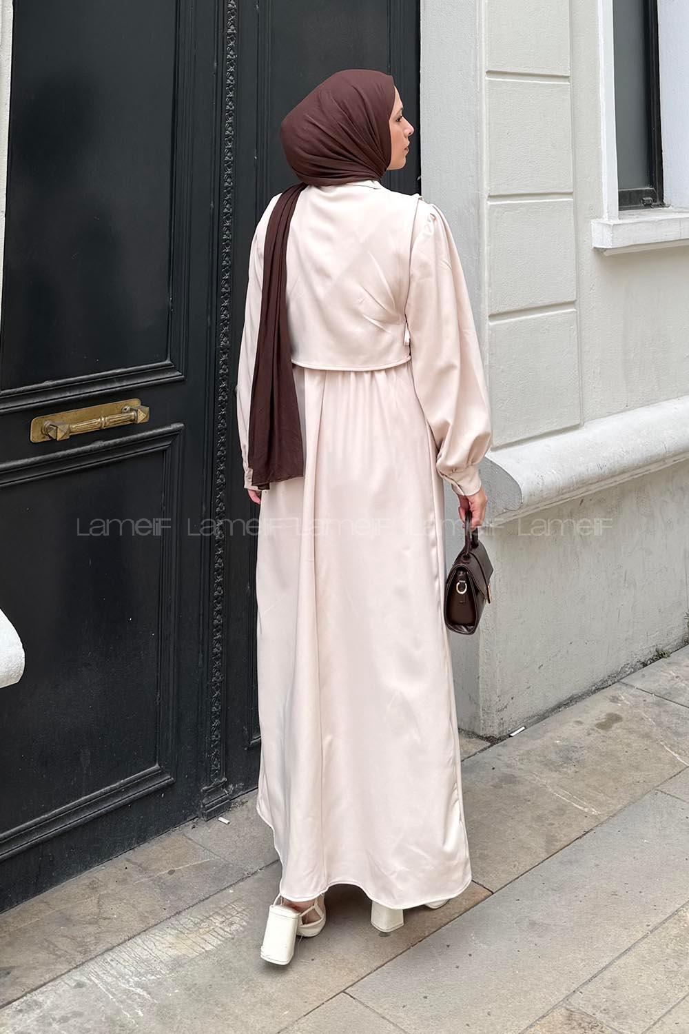 Lamelif Belden Lastikli Yelekli Elbise Bej